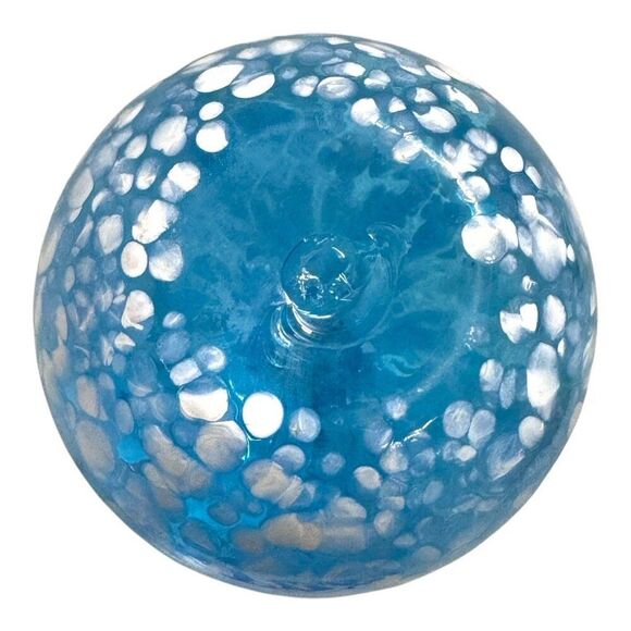 Handblown Art Glass Vase Bulbous Ruffled Edge Blue & White Polka Dot Accent MCM - Picture 4 of 5